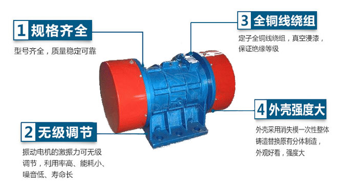 VB振動(dòng)電機(jī)特點(diǎn)：1，規(guī)格齊全：型號(hào)齊全，質(zhì)量穩(wěn)定可靠。2，無(wú)極調(diào)節(jié)：振動(dòng)電機(jī)的激振力可無(wú)極調(diào)節(jié)，利用率高，能耗小，噪音低，壽命長(zhǎng)。4，外殼輕度大：外殼采用消失模一次性整體鑄造替換原有分體制造，外觀好看，強(qiáng)度大。
