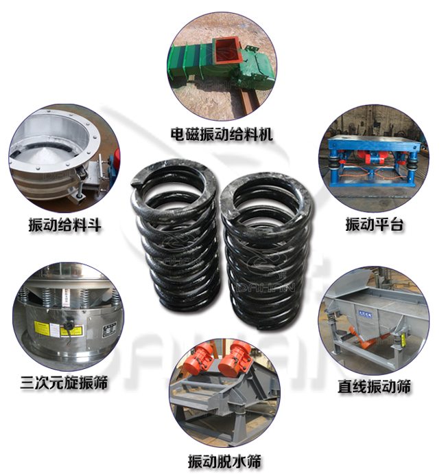 旋振篩減震彈簧適用產(chǎn)品：振動給料機，電磁振動給料機，振動平臺，直線振動篩，振動脫水篩，三次元旋振篩。