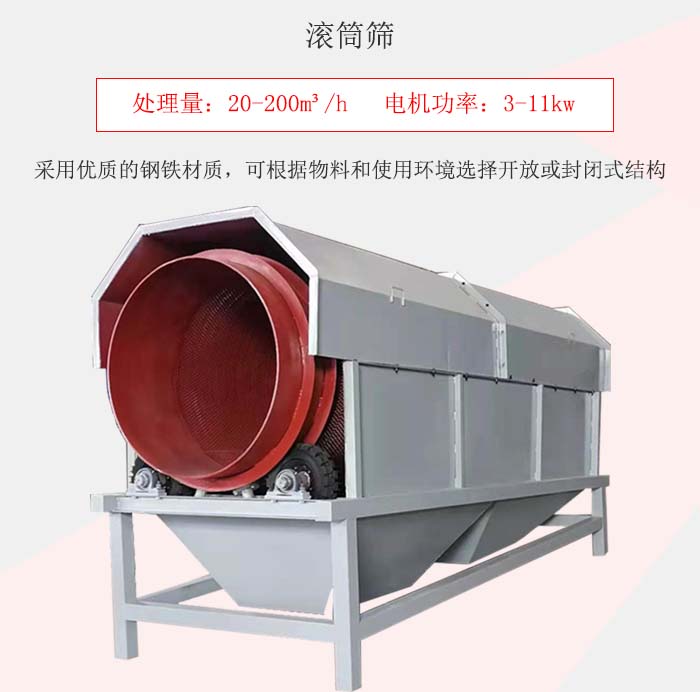 滾筒篩采用優(yōu)質(zhì)的鋼鐵材質(zhì)，可根據(jù)物料和使用環(huán)境選擇開放或封閉式結構