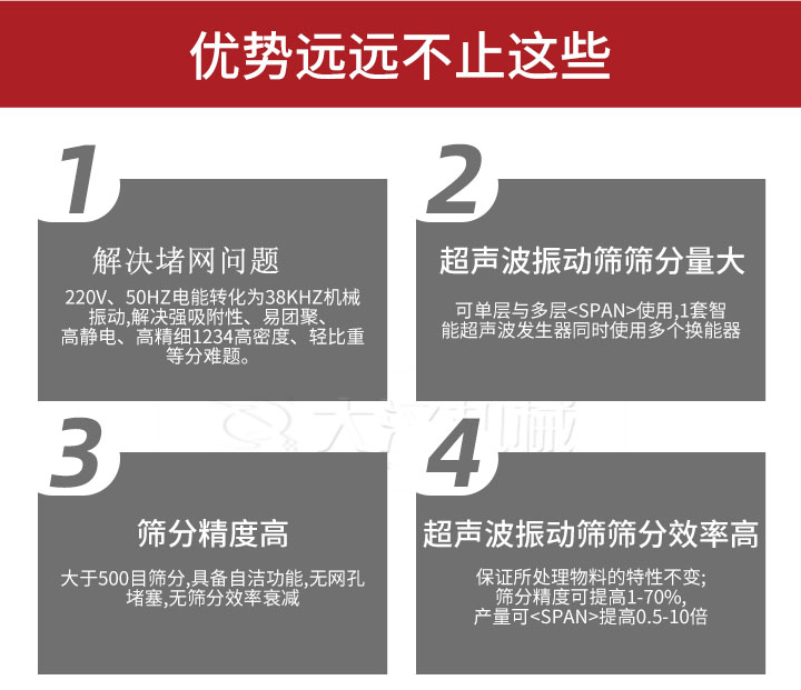 超聲波振動篩優(yōu)勢：1，高效解決堵網(wǎng)問題220V，50HZ電能轉(zhuǎn)化為38KHZ機械振動，解決強吸附性，易團聚，高靜電，高精細1234高密度，輕比重等難題。2，超聲振動篩篩分量大：可單層與多層使用1套只能超聲波發(fā)生器同時使用多個換能器。3，適合大于500目篩分，具備自潔功能，無網(wǎng)孔堵塞，無篩分效率衰減。4，超聲波振動篩篩分效率高：保證所處理物料的特性不變，篩分精度可提高1-70%。