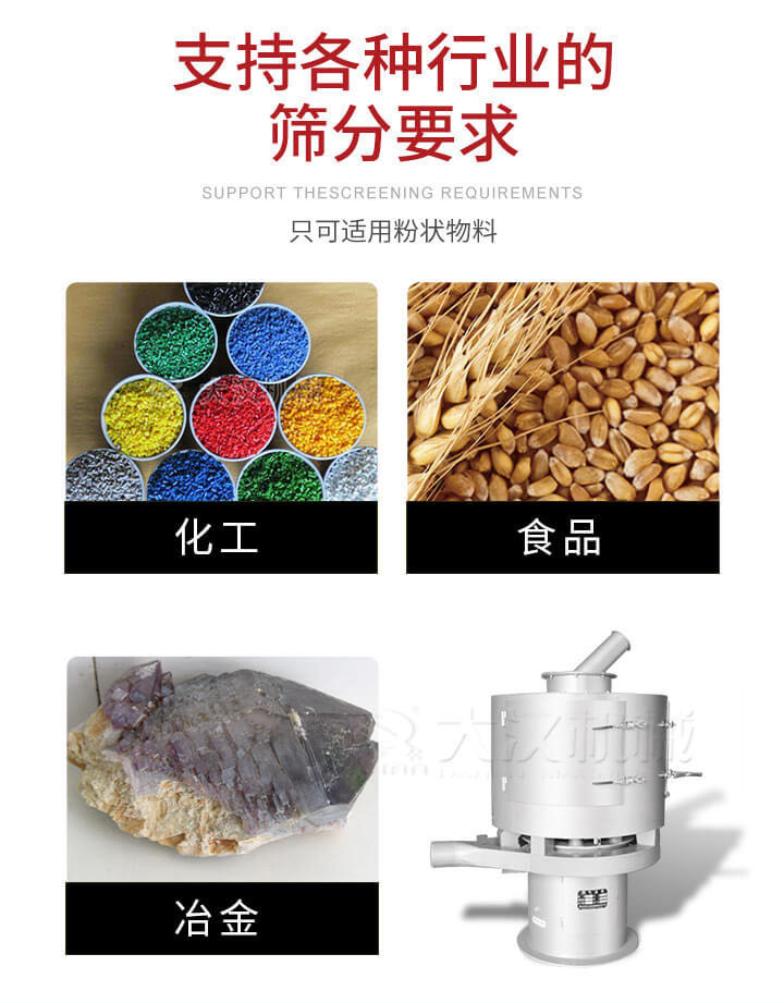 氣流篩用于礦粉，石墨粉，活性納米碳酸鈣，鋁灰，大豆粉，碳酸重鈣，石墨粉，木粉，干草，重金石粉，藥粉末，橡膠顆粒，草酸鹽，干料粉，木粉，聚酯粉，干粉，塑料，金屬粉末，橡膠粉，粉煤灰，石墨粉，陶瓷粉，鋅粉，石英粉，石灰粉，鐵粉，金屬硅粉等。