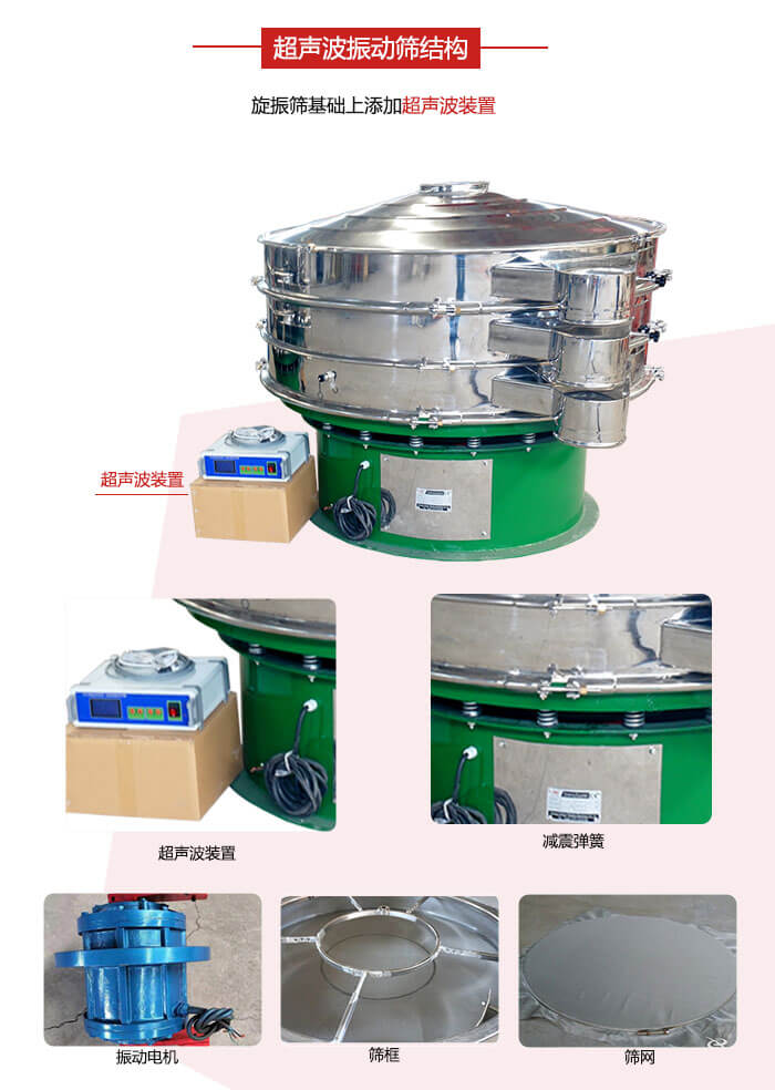 圓篩機(jī)內(nèi)部結(jié)構(gòu)：主要由振動(dòng)電機(jī)、篩框、篩網(wǎng)、超聲波系統(tǒng)、減震彈簧等展示圖