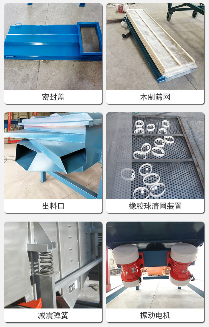 直線篩結(jié)構(gòu)展示：篩網(wǎng)，篩箱，振動(dòng)電機(jī)，振動(dòng)電機(jī)座，減震彈簧，支架等部件展示圖