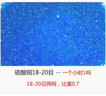 篩分18-20目的硫酸銅 產(chǎn)量一個小時1噸，采用18-20目篩網(wǎng)，比重0.7