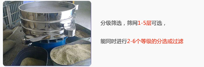 分級篩選，可篩1至5層篩網(wǎng)，能同時(shí)進(jìn)行2至6個(gè)等級的分選或過濾