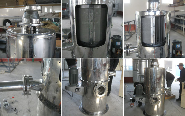 小型立式氣流篩細節(jié)：立式氣流篩篩網，立式氣流篩出料口，立式氣流篩電機。
