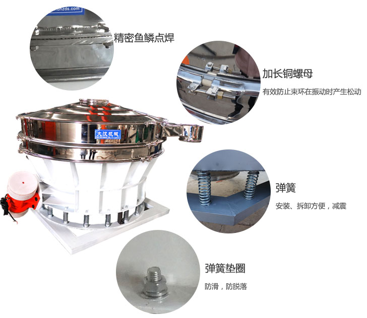 1500直排篩細(xì)節(jié)展示：彈簧，彈簧墊圈，加長銅螺母。