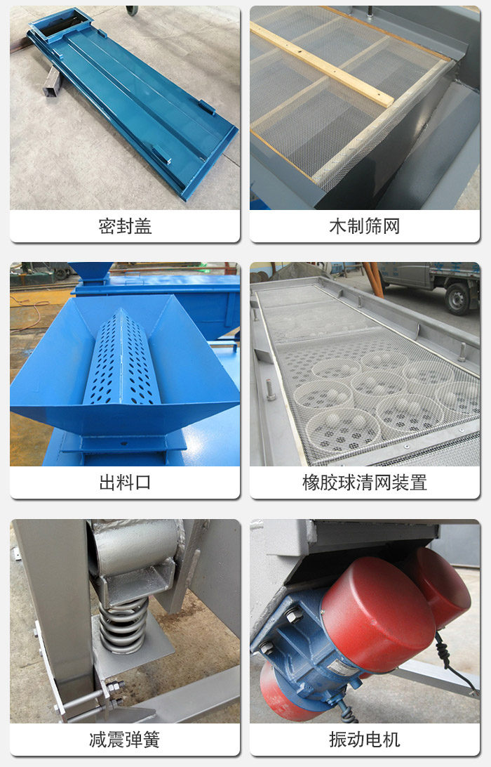 直線篩分機的結(jié)構(gòu)展示圖：篩箱是物料主要篩分設(shè)備之一，篩網(wǎng)用于篩分物料，振動電機幫助篩網(wǎng)篩分。
