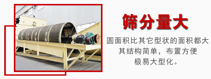 滾筒篩篩分產(chǎn)量大，產(chǎn)量可達(dá)200噸/時(shí)
