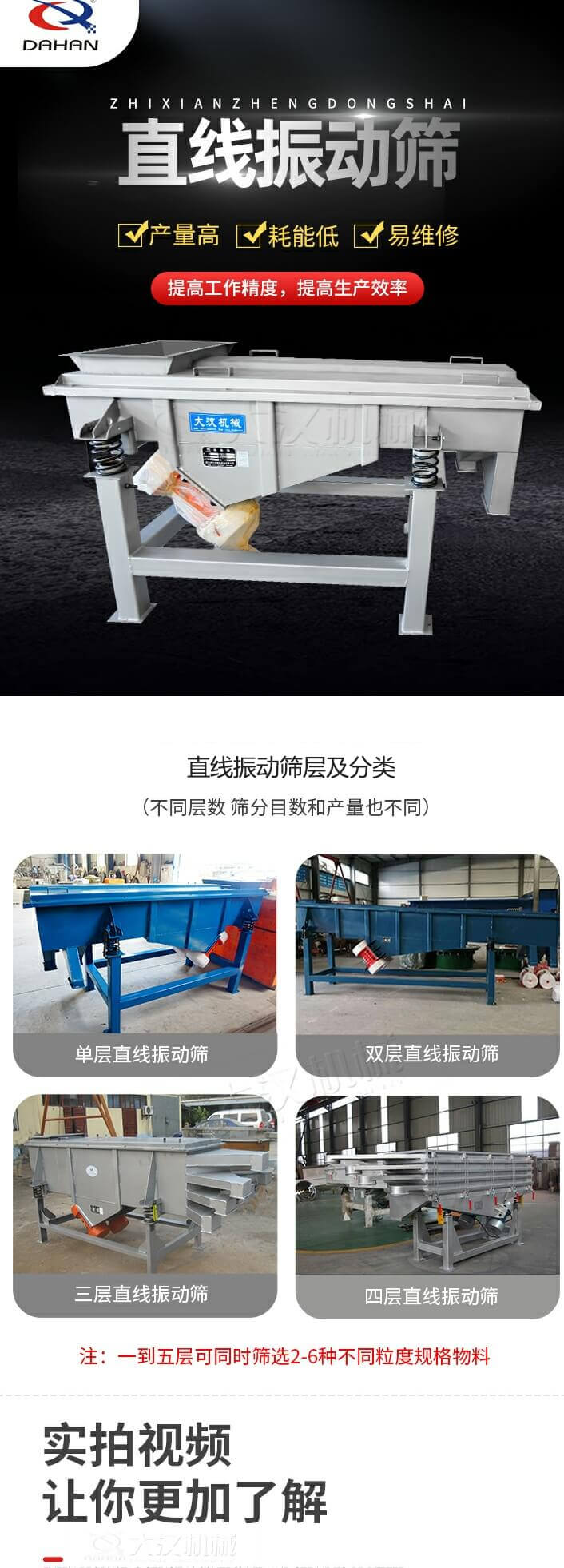 直線振動篩概述，產(chǎn)量高，耗能低，易維修，提高工作精度，提高生產(chǎn)效率，直線振動篩層級分類：不同層數(shù)，篩分目數(shù)和產(chǎn)量也不同：單層，雙層，三層，四層等。
