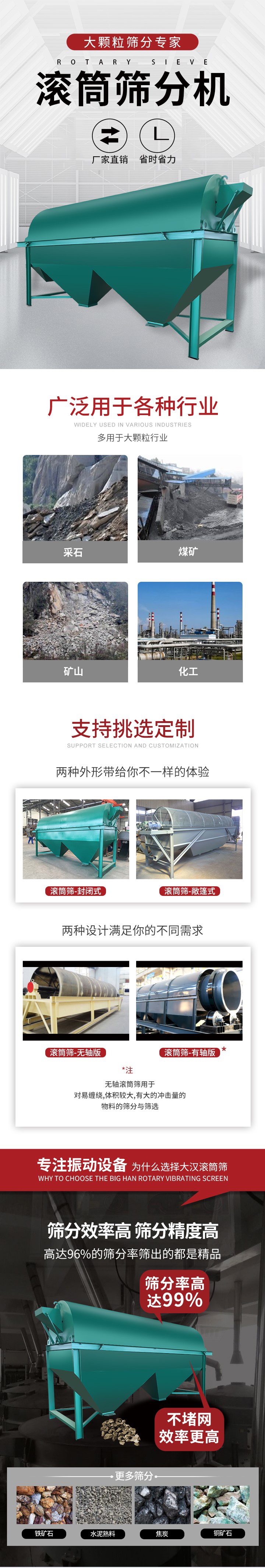 滾筒篩分機(jī)大顆粒篩分專家：廠家直銷，省時省力。滾筒篩被廣泛應(yīng)用各種行業(yè)：多用于大顆粒行業(yè)例如：采石，煤礦，礦山，化工等。滾筒篩定制類型有哪些：封閉式與敞篷式產(chǎn)品結(jié)構(gòu)分為：無軸式，有軸式兩種，無軸滾筒篩用于對纏繞，體積較大，有大的沖擊量的物料的篩分與篩選。滾筒篩篩分效率高篩分精度能夠達(dá)到：96%也比較適用于鐵礦石，水泥熟料，焦炭，銅礦石。滾筒篩特點(diǎn)：不飛粉末：密封隔離罩，密封性好，工作過程不會出現(xiàn)飛粉現(xiàn)象。外型尺寸是按筒體長計