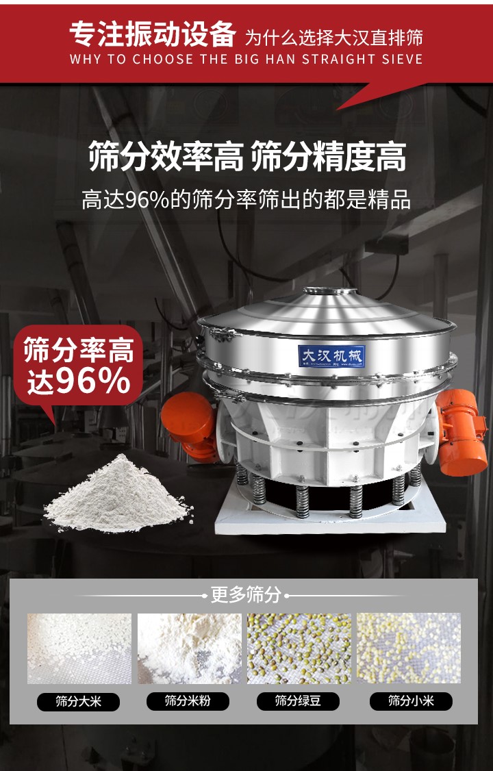 直排篩適用物料有面粉，淀粉，洗衣粉，金屬粉，添加劑，化工，非礦等行業(yè)。