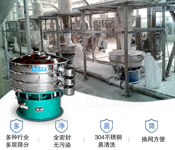 多種行業(yè)多層篩分采用全密封結(jié)構(gòu)，無污染。304不銹鋼材質(zhì)易清洗。同時換網(wǎng)方便。
