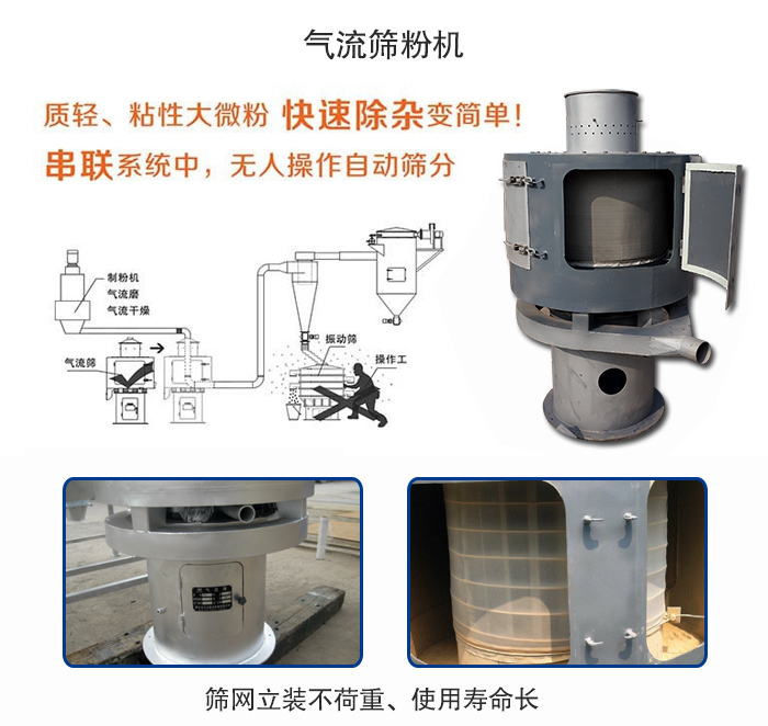 氣流篩粉機(jī)適用：質(zhì)輕，粘性大微粉采用串聯(lián)系統(tǒng)重，無(wú)人操作自動(dòng)篩分 特點(diǎn)：篩網(wǎng)立裝不負(fù)重，使用壽命長(zhǎng)。