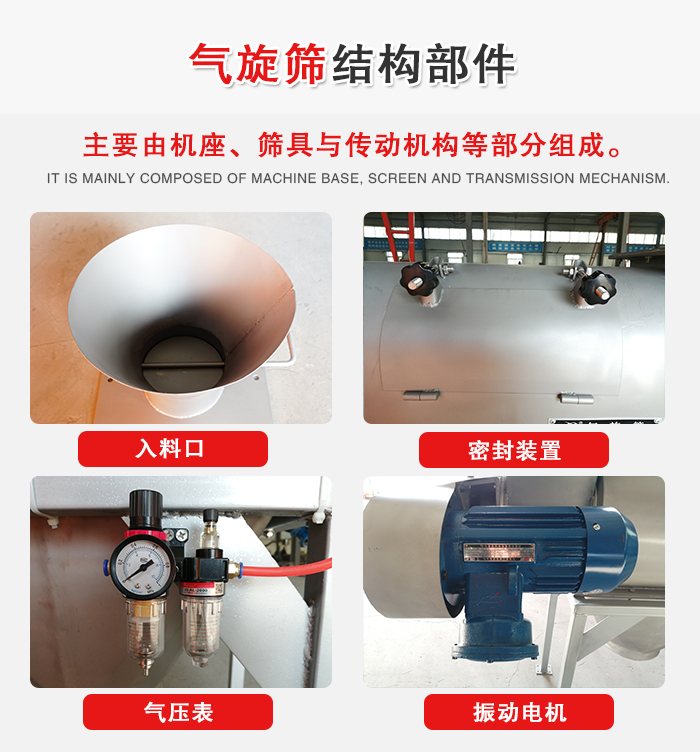 氣旋篩結構：入料口，密封裝置，電機，氣壓表等