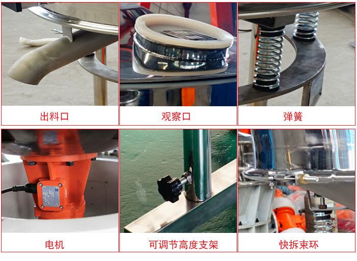 高頻篩細(xì)節(jié)展示：出料口，觀察口，彈簧，電機(jī)，可調(diào)節(jié)高度支架，快拆束環(huán)。