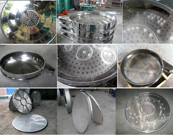 食品振動(dòng)篩細(xì)節(jié)展示：防塵蓋，篩框，網(wǎng)架，底框等。
